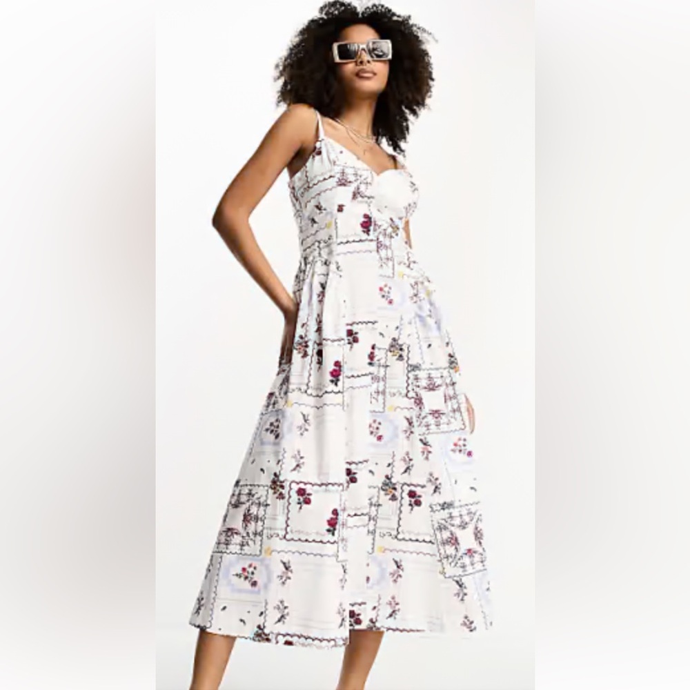 ASOS DESIGN Womens White Patchwork Floral V Neck Midi‎ Sundress US 6 UK 10
